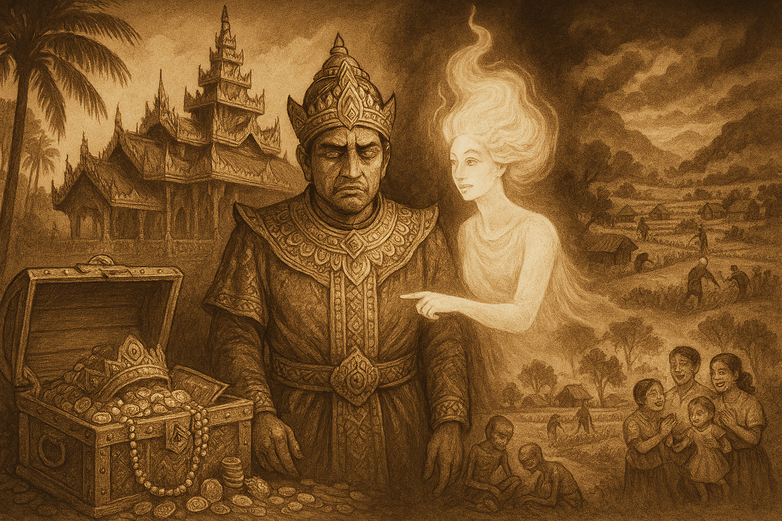 Sepia-toned illustration of an ancient Burmese palace glowing with gold under the tropical sun. In the foreground, a troubled king in ornate royal attire stands before an open treasure vault overflowing with coins and jewels, while a luminous, ethereal spirit hovers beside him, pointing toward visions in the shadows. In the background, contrasting scenes show starving villagers and barren fields fading into images of thriving villages, rice paddies, and joyful families, symbolizing the transformation from greed to generosity and the true power of compassionate leadership.