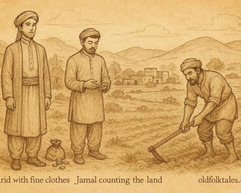 Parchment-style artwork of three brothers with inheritance, Afghan village setting, highlighting greed and diligence.