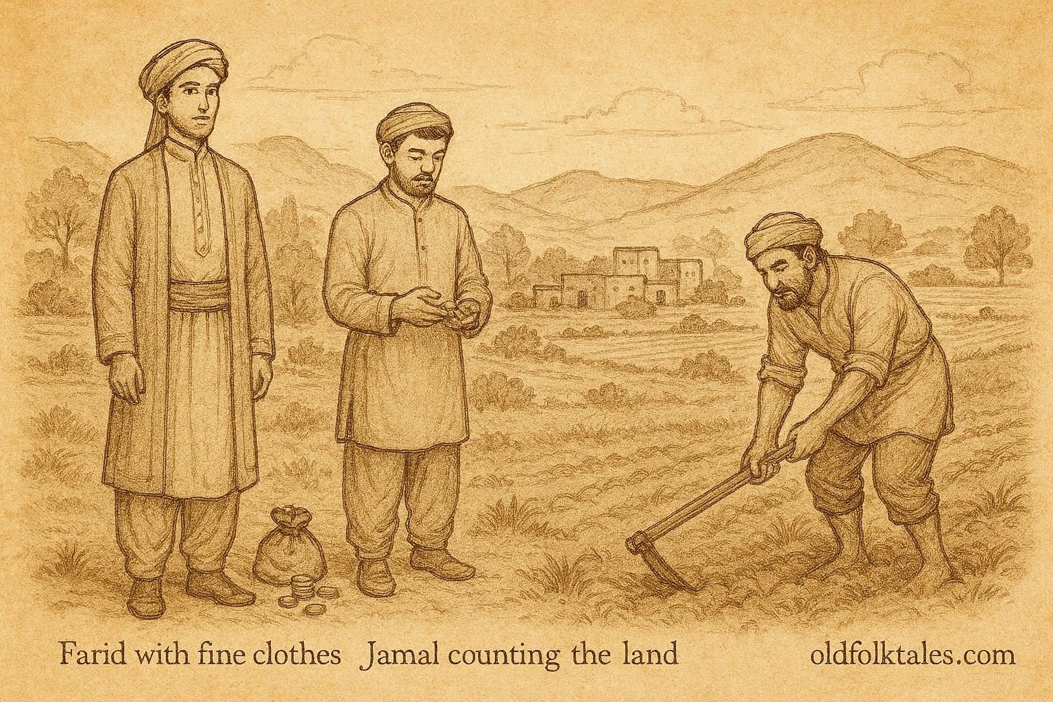 Parchment-style artwork of three brothers with inheritance, Afghan village setting, highlighting greed and diligence.