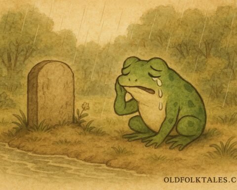 A green frog crying at a riverbank during rain in a Korean folktale.