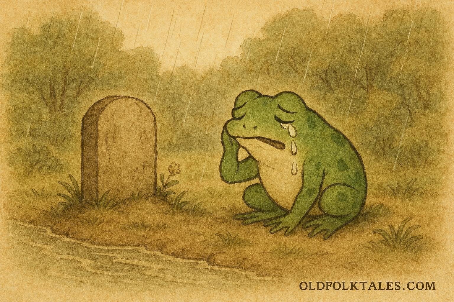 A green frog crying at a riverbank during rain in a Korean folktale.