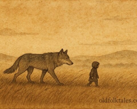 Parchment-style illustration of a grey wolf guiding a child, Kazakh folktale.