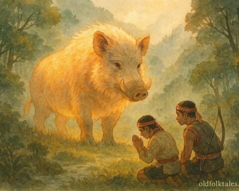 A glowing boar spirit in a misty Bunun valley guides respectful hunters through the forest safely.