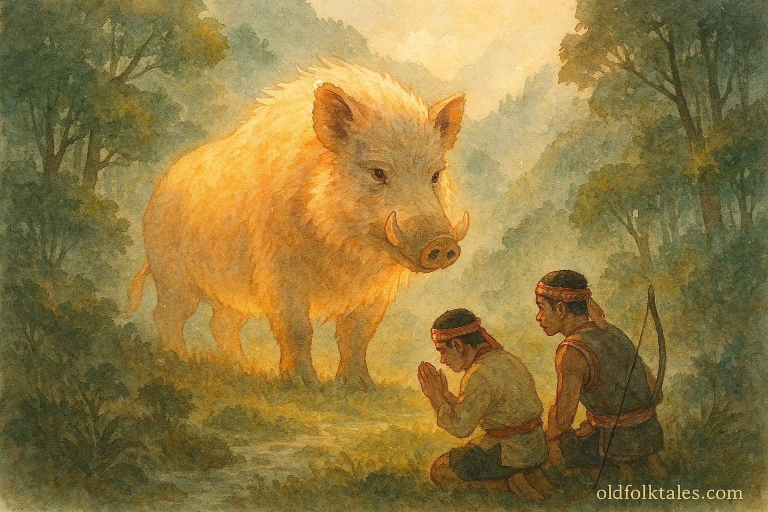 A glowing boar spirit in a misty Bunun valley guides respectful hunters through the forest safely.