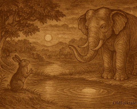 Sepia-toned landscape illustration on aged rice parchment depicting a Cambodian folktale scene. A small hare sits solemnly at the edge of a moonlit pond, facing a towering elephant with curved tusks and raised trunk. The moon’s reflection glows on the water’s surface, surrounded by gentle ripples. Dense forest trees and distant hills frame the background under a cloudy night sky. “OldFolktales.com” is inscribed at the bottom right.
