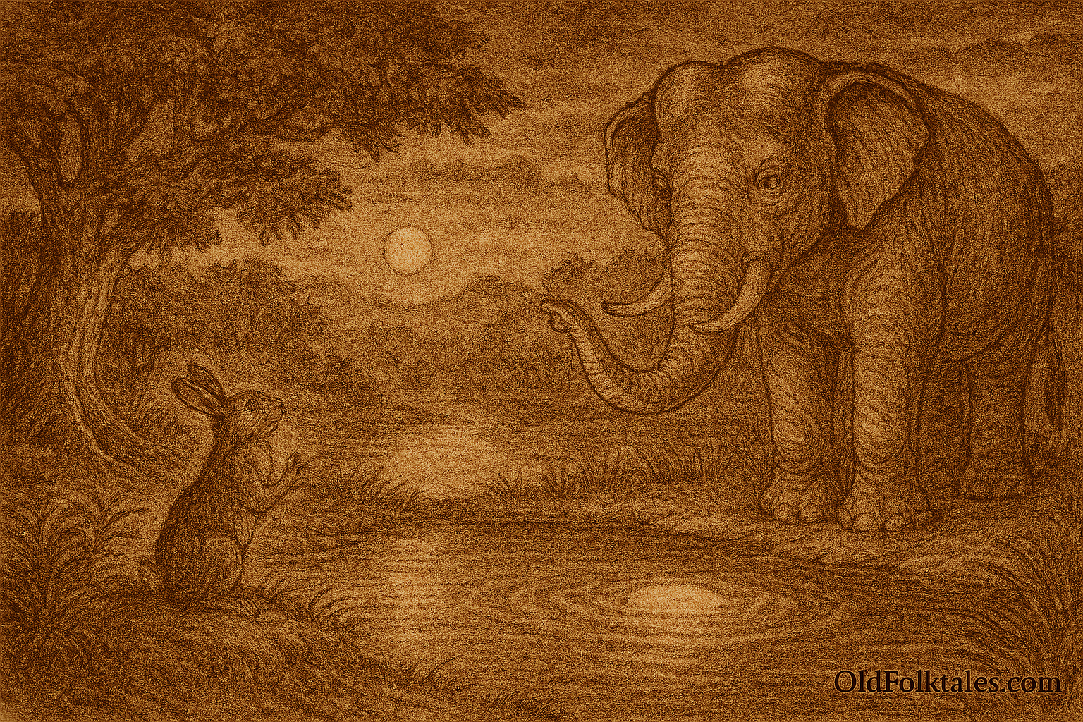Sepia-toned landscape illustration on aged rice parchment depicting a Cambodian folktale scene. A small hare sits solemnly at the edge of a moonlit pond, facing a towering elephant with curved tusks and raised trunk. The moon’s reflection glows on the water’s surface, surrounded by gentle ripples. Dense forest trees and distant hills frame the background under a cloudy night sky. “OldFolktales.com” is inscribed at the bottom right.