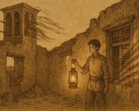 Parchment-style illustration of Daham in a ruined house, Kuwaiti folktale scene.