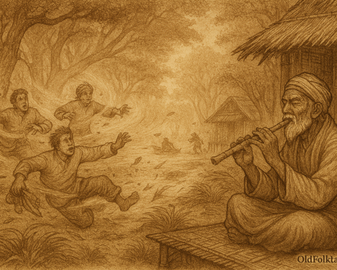 Sepia-toned illustration on aged parchment shows a dense forest clearing in Ulu Muar, Malaysia, where an elderly hermit sits cross-legged outside his bamboo hut playing a golden flute. His eyes are closed in concentration as fierce winds swirl around him. Three young hunters Rashid, Hamzah, and Ahmad are blown off their feet, their expressions filled with fear and awe. Leaves, branches, and debris spiral violently through the air. Towering ancient trees bend under the storm’s force. “OldFolktales.com” is inscribed in the bottom right corner.