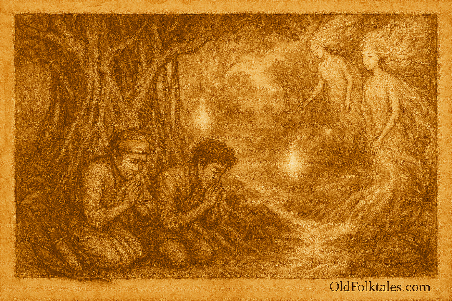 Illustration of Indonesian folktale about Jaya, a skilled hunter who breaks sacred forest taboos and faces supernatural punishment. Depicts dense rainforest, forest spirits, and themes of arrogance, remorse, and cultural reverence for nature. Traditional Southeast Asian setting with banyan tree, will-o'-wisps, and ancestral wisdom guiding the hunter’s redemption.