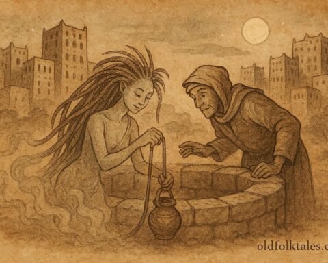 Parchment-style illustration of a Shibam watchman seeing a female jinni draw water from a well.