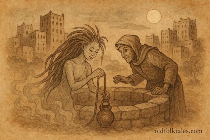 Parchment-style illustration of a Shibam watchman seeing a female jinni draw water from a well.
