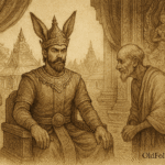 Sepia-toned illustration on aged rice parchment showing King Preah Bat Thong seated solemnly on an ornate Khmer throne inside a palace hall. He wears richly embroidered royal garments and a tall ceremonial headdress. An elderly sage in simple robes bows respectfully before him, while two courtiers stand nearby observing. Intricate palace carvings, temple spires, and lush garden elements frame the background. “OldFolktales.com” is inscribed at the bottom right.