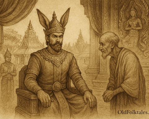 Sepia-toned illustration on aged rice parchment showing King Preah Bat Thong seated solemnly on an ornate Khmer throne inside a palace hall. He wears richly embroidered royal garments and a tall ceremonial headdress. An elderly sage in simple robes bows respectfully before him, while two courtiers stand nearby observing. Intricate palace carvings, temple spires, and lush garden elements frame the background. “OldFolktales.com” is inscribed at the bottom right.