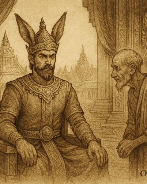 Sepia-toned illustration on aged rice parchment showing King Preah Bat Thong seated solemnly on an ornate Khmer throne inside a palace hall. He wears richly embroidered royal garments and a tall ceremonial headdress. An elderly sage in simple robes bows respectfully before him, while two courtiers stand nearby observing. Intricate palace carvings, temple spires, and lush garden elements frame the background. “OldFolktales.com” is inscribed at the bottom right.
