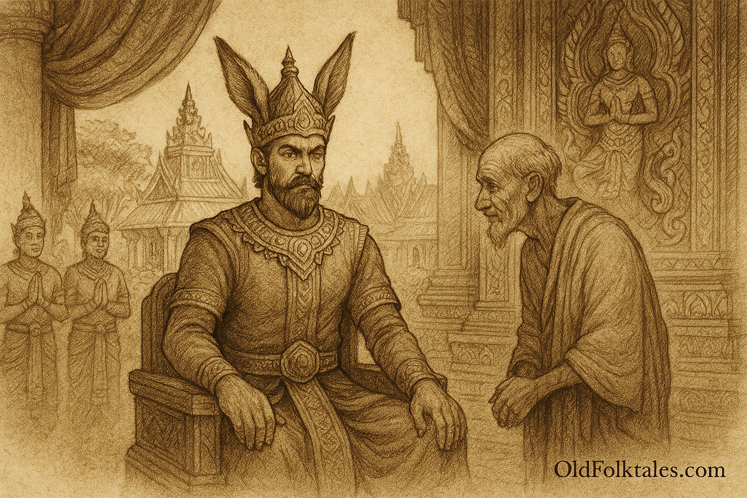 Sepia-toned illustration on aged rice parchment showing King Preah Bat Thong seated solemnly on an ornate Khmer throne inside a palace hall. He wears richly embroidered royal garments and a tall ceremonial headdress. An elderly sage in simple robes bows respectfully before him, while two courtiers stand nearby observing. Intricate palace carvings, temple spires, and lush garden elements frame the background. “OldFolktales.com” is inscribed at the bottom right.