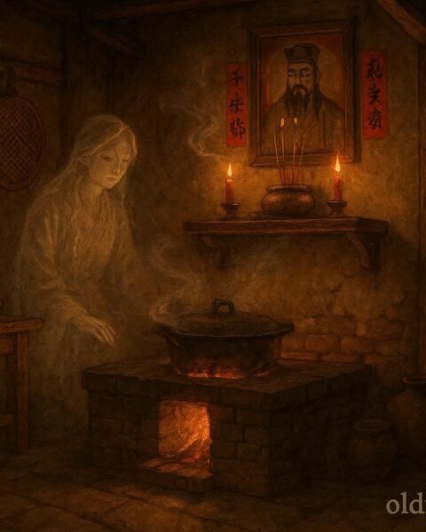 A traditional Chinese kitchen hearth with an altar representing the Kitchen God, symbolizing moral accountability and domestic virtue in Chinese folklore.