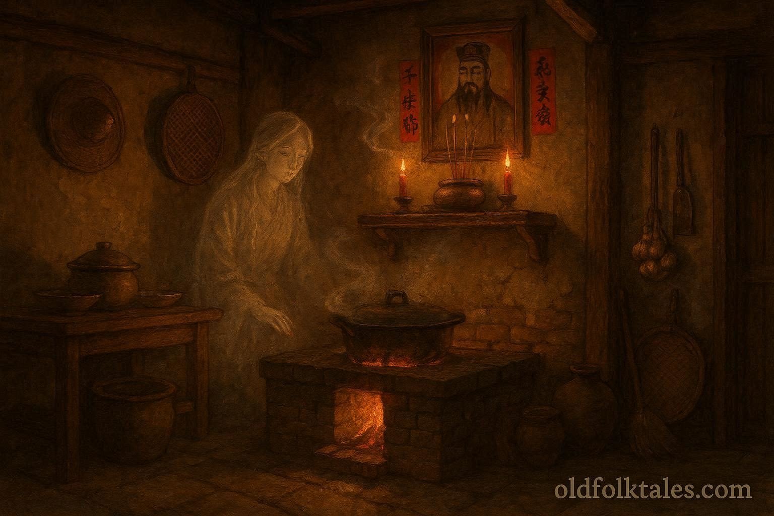 A traditional Chinese kitchen hearth with an altar representing the Kitchen God, symbolizing moral accountability and domestic virtue in Chinese folklore.