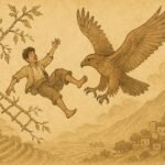 Parchment-style artwork of a Yemeni youth rescued by an eagle above mountain terraces, Yemeni folktale scene.