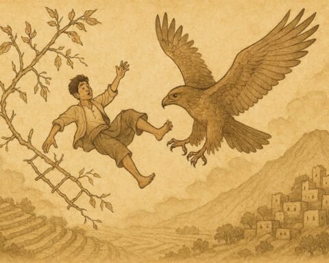 Parchment-style artwork of a Yemeni youth rescued by an eagle above mountain terraces, Yemeni folktale scene.
