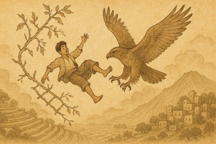 Parchment-style artwork of a Yemeni youth rescued by an eagle above mountain terraces, Yemeni folktale scene.