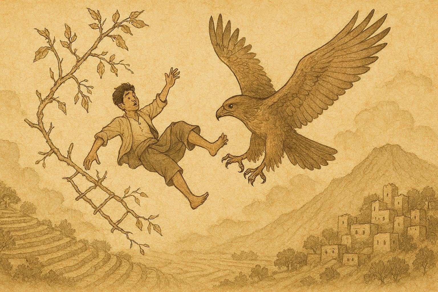 Parchment-style artwork of a Yemeni youth rescued by an eagle above mountain terraces, Yemeni folktale scene.