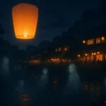 A floating lantern spirit guides ancestral souls across a river during the Obon festival at nigh