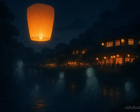 A floating lantern spirit guides ancestral souls across a river during the Obon festival at nigh