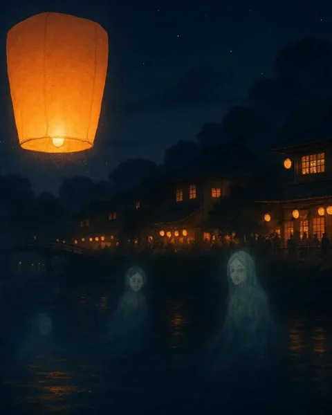 A floating lantern spirit guides ancestral souls across a river during the Obon festival at nigh