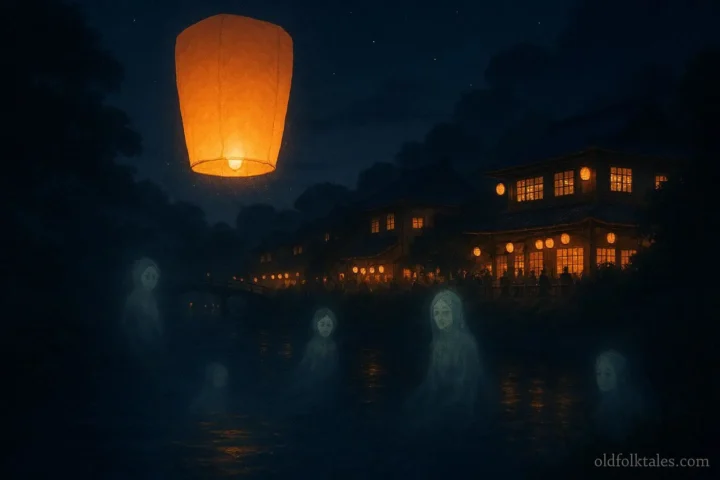 A floating lantern spirit guides ancestral souls across a river during the Obon festival at nigh