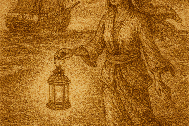 Sepia-toned illustration on aged parchment shows a ghostly Bugis woman walking across the stormy waters off Telok Blangah at night. She wears traditional attire with a flowing sarong and headscarf, her sorrowful face turned toward the horizon. In her hand, she holds a glowing golden lantern that casts eerie light across the waves. Behind her, a wooden sailing ship with furled sails struggles against dark, swirling clouds. The sea churns with rising waves, and the atmosphere is haunting and mystical. “OldFolktales.com” is inscribed in the bottom right corner.