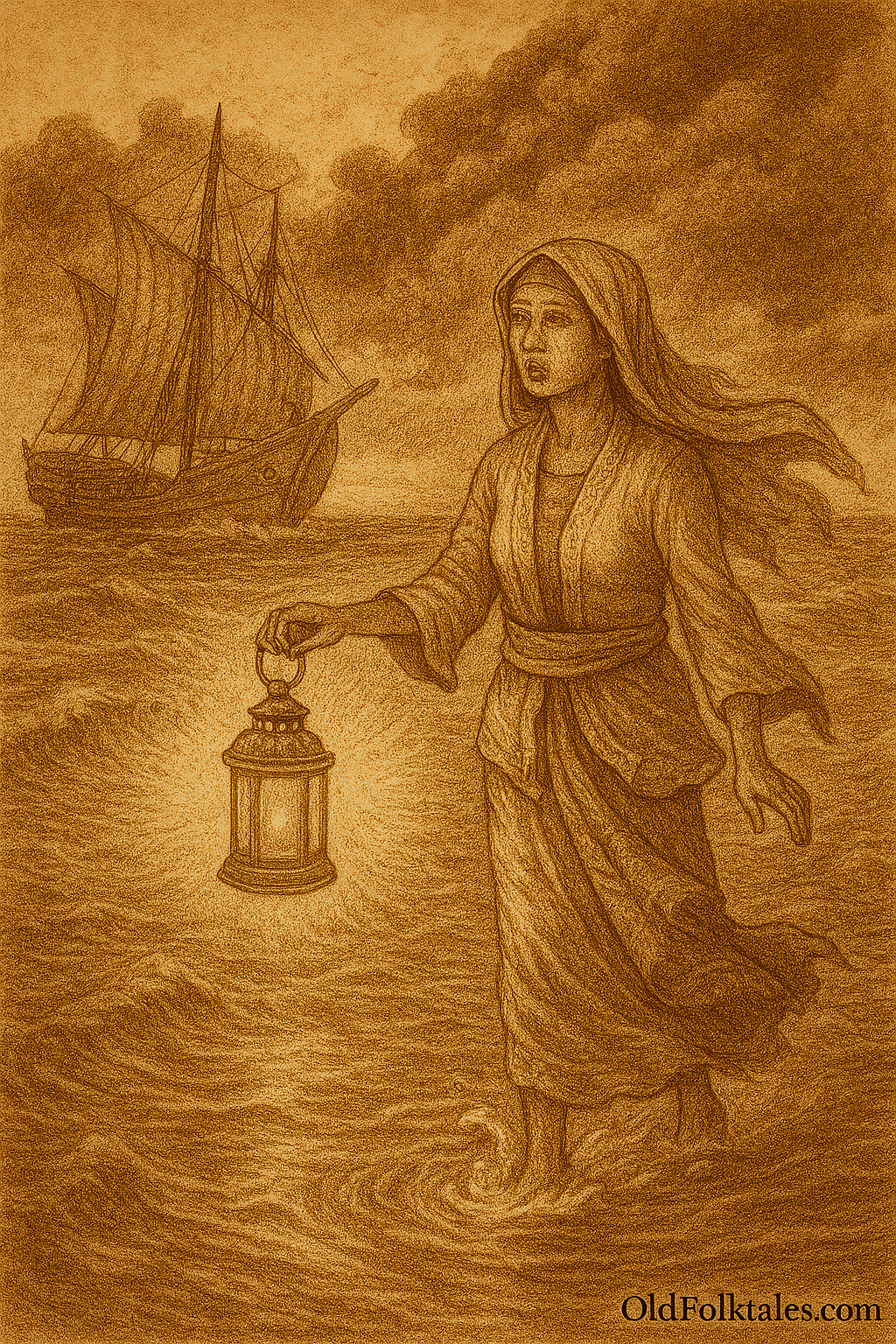 Sepia-toned illustration on aged parchment shows a ghostly Bugis woman walking across the stormy waters off Telok Blangah at night. She wears traditional attire with a flowing sarong and headscarf, her sorrowful face turned toward the horizon. In her hand, she holds a glowing golden lantern that casts eerie light across the waves. Behind her, a wooden sailing ship with furled sails struggles against dark, swirling clouds. The sea churns with rising waves, and the atmosphere is haunting and mystical. “OldFolktales.com” is inscribed in the bottom right corner.