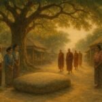 An ancient stone beneath a tamarind tree in a Burmese village marketplace surrounded by villagers and monks