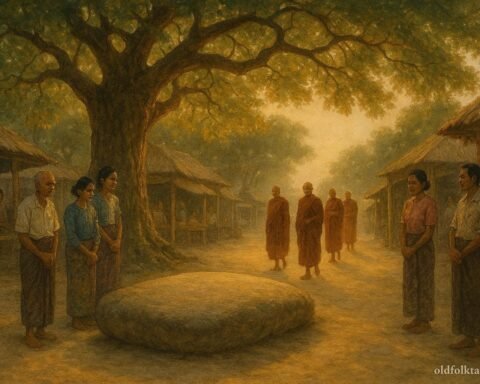 An ancient stone beneath a tamarind tree in a Burmese village marketplace surrounded by villagers and monks