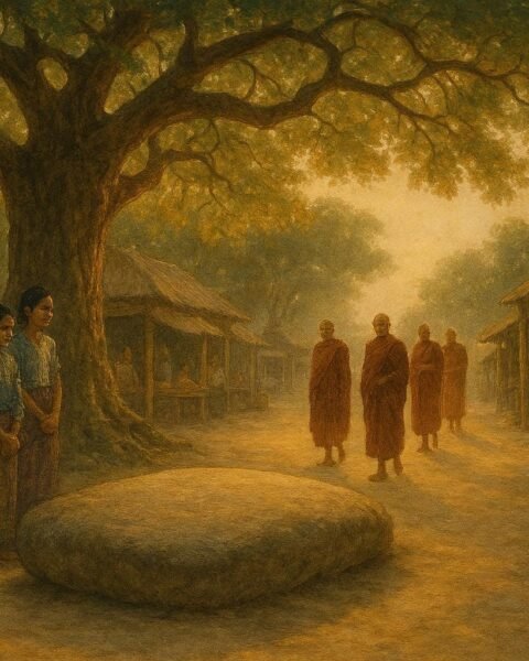 An ancient stone beneath a tamarind tree in a Burmese village marketplace surrounded by villagers and monks