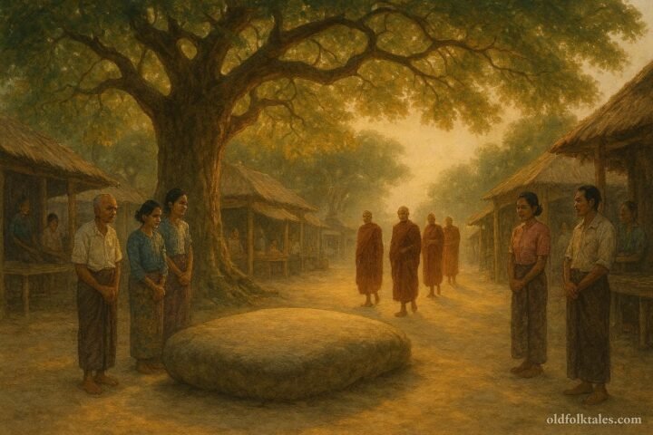 An ancient stone beneath a tamarind tree in a Burmese village marketplace surrounded by villagers and monks