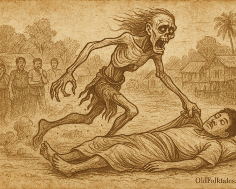 sepia-toned, rice parchment-style illustration of The Lazy Man and the Hungry Ghost captures the haunting folktale scene with the skeletal preta dragging the terrified man through the Cambodian village, while shocked villagers look on. At the bottom right, the inscription OldFolktales.com