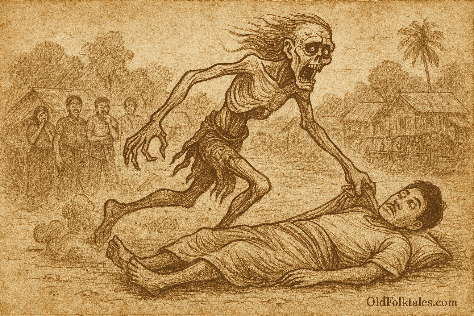 sepia-toned, rice parchment-style illustration of The Lazy Man and the Hungry Ghost captures the haunting folktale scene with the skeletal preta dragging the terrified man through the Cambodian village, while shocked villagers look on. At the bottom right, the inscription OldFolktales.com