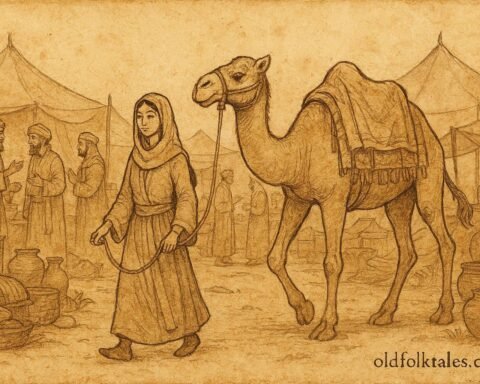 Parchment-style artwork of Dhalilah with a camel in an Emirati Gulf market folktale.