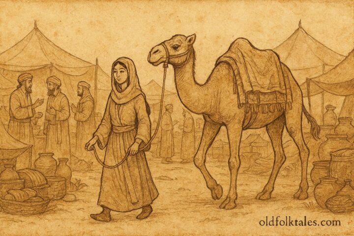 Parchment-style artwork of Dhalilah with a camel in an Emirati Gulf market folktale.