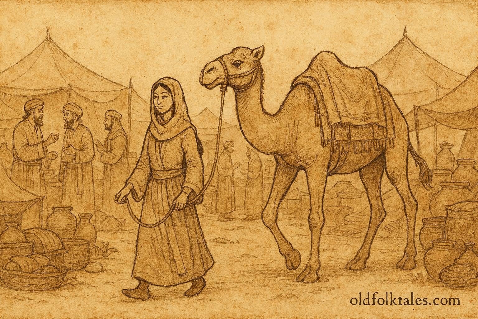 Parchment-style artwork of Dhalilah with a camel in an Emirati Gulf market folktale.