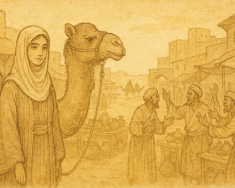 Parchment-style illustration of Dhalilah selling a camel in an Emirati souq.