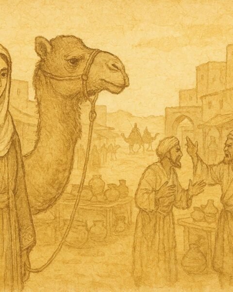 Parchment-style illustration of Dhalilah selling a camel in an Emirati souq.