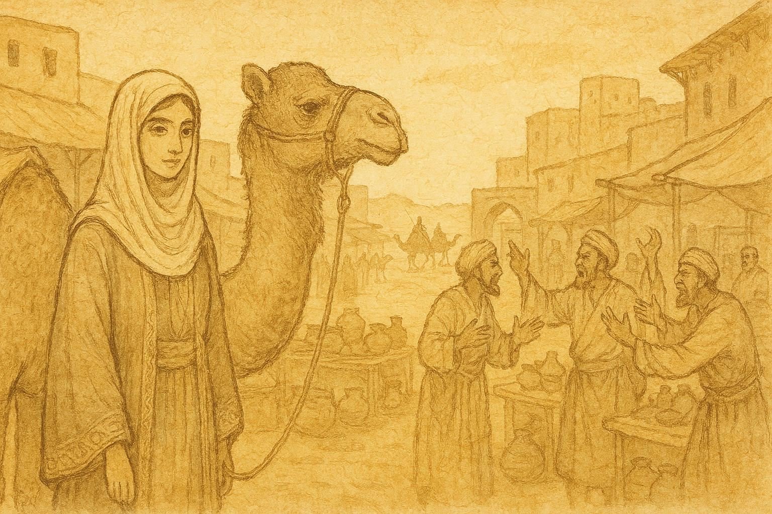 Parchment-style illustration of Dhalilah selling a camel in an Emirati souq.