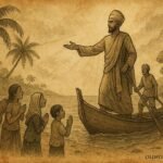 Parchment-style illustration of Koimala arriving in the Maldives and meeting islanders, Maldivian folktale scene.