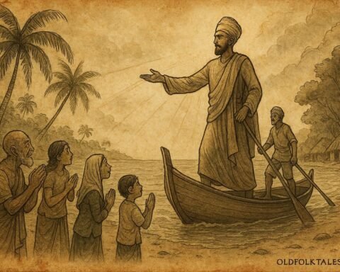 Parchment-style illustration of Koimala arriving in the Maldives and meeting islanders, Maldivian folktale scene.