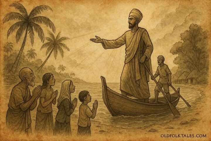 Parchment-style illustration of Koimala arriving in the Maldives and meeting islanders, Maldivian folktale scene.