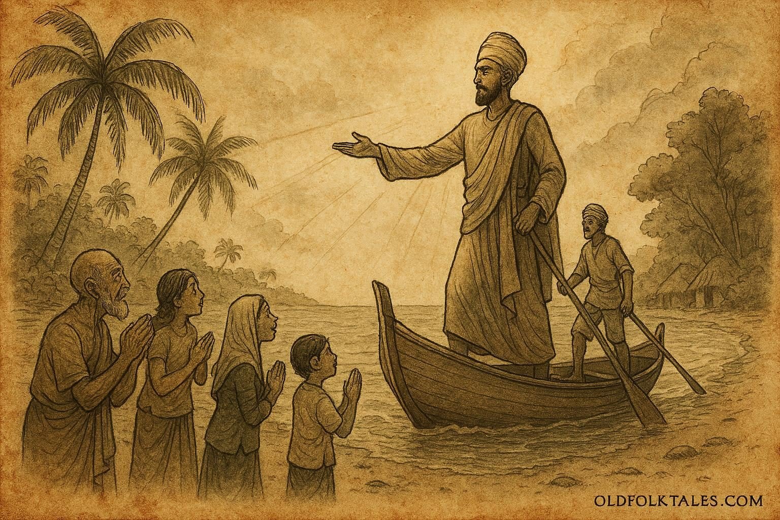 Parchment-style illustration of Koimala arriving in the Maldives and meeting islanders, Maldivian folktale scene.