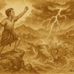 sepia-toned parchment-style illustration of The Legend of Lake Maninjau. It captures the dramatic moment when Giran stands atop the cliff, invoking nature’s justice as lightning splits the sky and floodwaters surge through the valley sweeping away his deceitful siblings and transforming the land into a serene lake. The inscription OldFolktales.com appears at the bottom right
