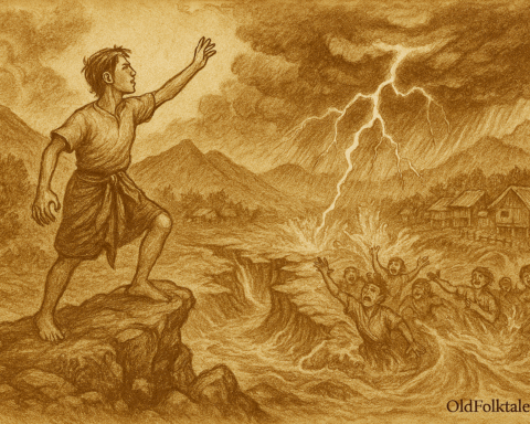 sepia-toned parchment-style illustration of The Legend of Lake Maninjau. It captures the dramatic moment when Giran stands atop the cliff, invoking nature’s justice as lightning splits the sky and floodwaters surge through the valley sweeping away his deceitful siblings and transforming the land into a serene lake. The inscription OldFolktales.com appears at the bottom right