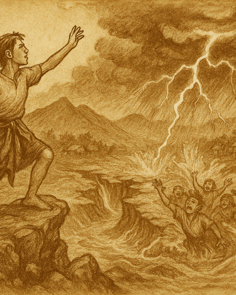 sepia-toned parchment-style illustration of The Legend of Lake Maninjau. It captures the dramatic moment when Giran stands atop the cliff, invoking nature’s justice as lightning splits the sky and floodwaters surge through the valley sweeping away his deceitful siblings and transforming the land into a serene lake. The inscription OldFolktales.com appears at the bottom right